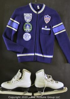 Vintage Sweater Covered with United States Figure Skating Association Patches. Size Small. photos are shown of the young skater performing; however, the photos and skates are not part of the grouping). 