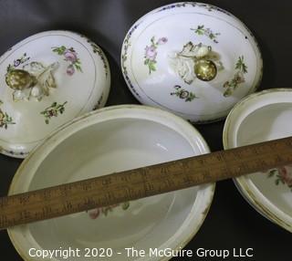 Set of (3) French 19th Century "Old Paris" Porcelain Serving Tureens, Hand Painted with Flowers and Gold Gilt Decoration; largest is 8 1/2W x 15L x 12"tall  