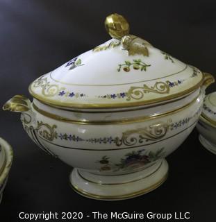 Set of (3) French 19th Century "Old Paris" Porcelain Serving Tureens, Hand Painted with Flowers and Gold Gilt Decoration; largest is 8 1/2W x 15L x 12"tall  