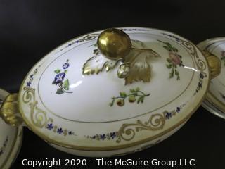 Set of (3) French 19th Century "Old Paris" Porcelain Serving Tureens, Hand Painted with Flowers and Gold Gilt Decoration; largest is 8 1/2W x 15L x 12"tall  