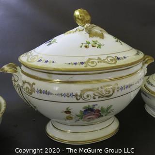 Set of (3) French 19th Century "Old Paris" Porcelain Serving Tureens, Hand Painted with Flowers and Gold Gilt Decoration; largest is 8 1/2W x 15L x 12"tall  