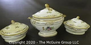 Set of (3) French 19th Century "Old Paris" Porcelain Serving Tureens, Hand Painted with Flowers and Gold Gilt Decoration; largest is 8 1/2W x 15L x 12"tall  