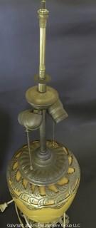 Pair of Yellow Ceramic Asian Inspired Table Lamps with Brass Accents.  Base Measures Approximately 18" tall. 