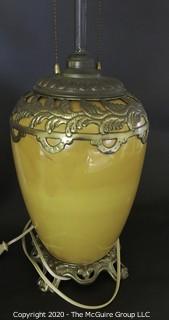 Pair of Yellow Ceramic Asian Inspired Table Lamps with Brass Accents.  Base Measures Approximately 18" tall. 