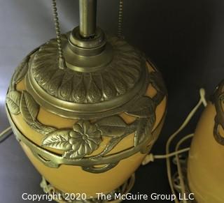 Pair of Yellow Ceramic Asian Inspired Table Lamps with Brass Accents.  Base Measures Approximately 18" tall. 