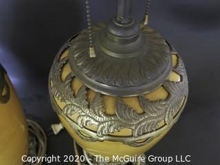 Pair of Yellow Ceramic Asian Inspired Table Lamps with Brass Accents.  Base Measures Approximately 18" tall. 