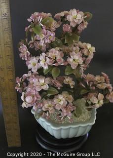 Vintage Glass "Jade" Bonsai Tree with Pink Cherry Blossoms in Pot.  Measures approximately 14" tall on stand. 