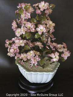 Vintage Glass "Jade" Bonsai Tree with Pink Cherry Blossoms in Pot.  Measures approximately 14" tall on stand. 