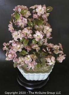 Vintage Glass "Jade" Bonsai Tree with Pink Cherry Blossoms in Pot.  Measures approximately 14" tall on stand. 