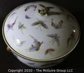 Antique Asian Porcelain Covered Bowl with Double Lids.  Decorated with Hand Painted Butterflys and Gilt Accents.  Measures approximately 7" in Diameter and 4 1/2" tall with out lids. 