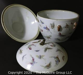 Antique Asian Porcelain Covered Bowl with Double Lids.  Decorated with Hand Painted Butterflys and Gilt Accents.  Measures approximately 7" in Diameter and 4 1/2" tall with out lids. 