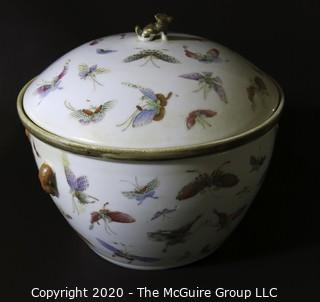 Antique Asian Porcelain Covered Bowl with Double Lids.  Decorated with Hand Painted Butterflys and Gilt Accents.  Measures approximately 7" in Diameter and 4 1/2" tall with out lids. 