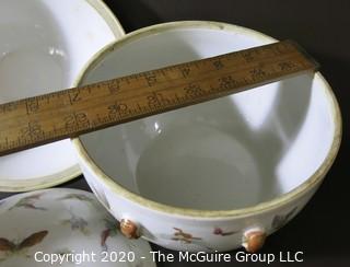 Antique Asian Porcelain Covered Bowl with Double Lids.  Decorated with Hand Painted Butterflys and Gilt Accents.  Measures approximately 7" in Diameter and 4 1/2" tall with out lids. 