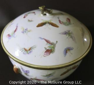 Antique Asian Porcelain Covered Bowl with Double Lids.  Decorated with Hand Painted Butterflys and Gilt Accents.  Measures approximately 7" in Diameter and 4 1/2" tall with out lids. 