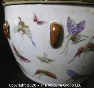 Antique Asian Porcelain Covered Bowl with Double Lids.  Decorated with Hand Painted Butterflys and Gilt Accents.  Measures approximately 7" in Diameter and 4 1/2" tall with out lids. 