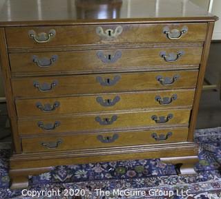 Antique American 19th Century Oak Six Drawer Spool Chest with Brass Bail Handles.  Measures approximately 26 1/4" x 28 1/2" x 18 1/4"