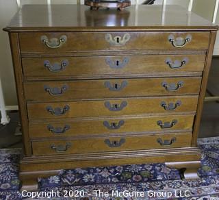 Antique American 19th Century Oak Six Drawer Spool Chest with Brass Bail Handles.  Measures approximately 26 1/4" x 28 1/2" x 18 1/4"