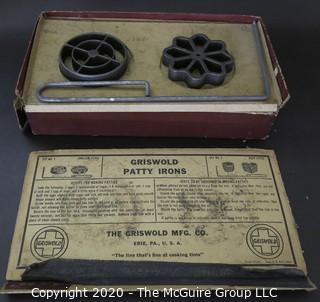 Vintage Griswold Patty Molds 2 Sets (4 Molds) Cast Iron Rosette, Circles, Heart &  Round. In Box.