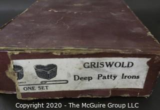 Vintage Griswold Patty Molds 2 Sets (4 Molds) Cast Iron Rosette, Circles, Heart &  Round. In Box.