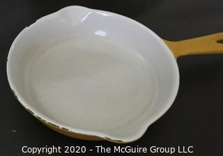 Three Pieces of Cast Iron Enamel Cookware made by Le Creuset  (White Rectangular Casserole & Blue Dish) and Cousances (Yellow Pan).