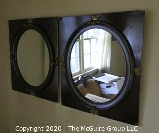 Pair of French 19th Century Mahogany Famed Mirrors with Gilt Adornment. Measures approximately 24" X 22".