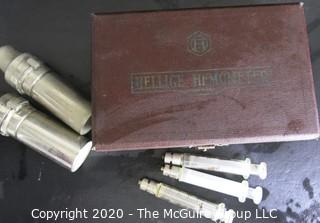 Vintage Hellige Hemometer Meter in Original Case with Three Hypodermic Glass Syringes.
