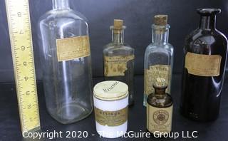 Six Vintage Medical Pharmacy Bottles with Paper Labels. 