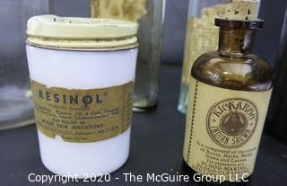 Six Vintage Medical Pharmacy Bottles with Paper Labels. 