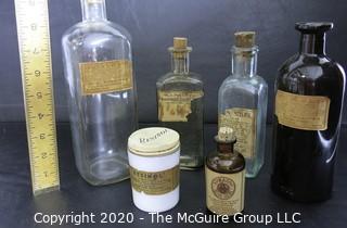 Six Vintage Medical Pharmacy Bottles with Paper Labels. 