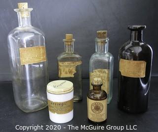 Six Vintage Medical Pharmacy Bottles with Paper Labels. 