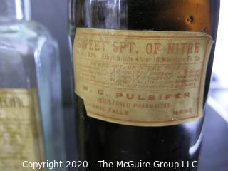 Six Vintage Medical Pharmacy Bottles with Paper Labels. 