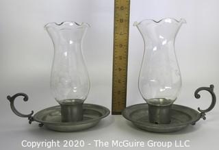 Two Pewter Candle Holders with Handle and Hurricane Glass Shades Made by International Pewter.