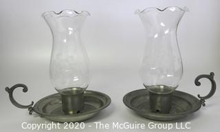 Two Pewter Candle Holders with Handle and Hurricane Glass Shades Made by International Pewter.