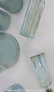 Eight Vintage Hand Blown Blue Green Bottles.  Some Medical.