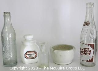 Lot of Clear Glass Bottles, Mortar & Milk Glass Jar.