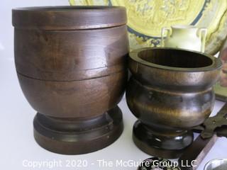 Miscellaneous Lot Including Florentine Tray, Two Wood Jars, Porcelain Vase, Music Box, and Part of Stereoscope.