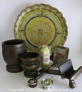 Miscellaneous Lot Including Florentine Tray, Two Wood Jars, Porcelain Vase, Music Box, and Part of Stereoscope.