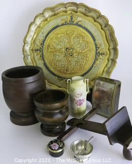 Miscellaneous Lot Including Florentine Tray, Two Wood Jars, Porcelain Vase, Music Box, and Part of Stereoscope.