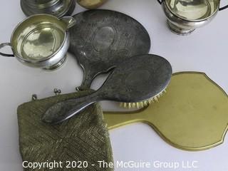 Miscellaneous Group of Items including Hand Mirror, Brush, Beaded Handbag, Weighted Sterling, Shoe Forms and Lamp.