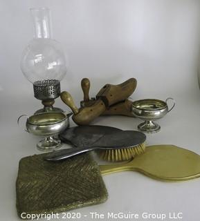 Miscellaneous Group of Items including Hand Mirror, Brush, Beaded Handbag, Weighted Sterling, Shoe Forms and Lamp.