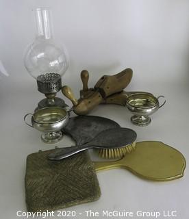 Miscellaneous Group of Items including Hand Mirror, Brush, Beaded Handbag, Weighted Sterling, Shoe Forms and Lamp.