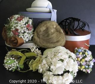 Seven Vintage Ladies Hat and Three Hat Boxes.  Includes Flower, Fur and Velvet Hats.