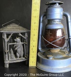 Two Vintage Lanterns.  One Cast Iron and One Blue Dietz Kerosene Lamp.