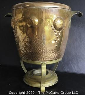 Antique Large Hammered Copper Lidded Pot with Brass Warming Stand.  Lid has inscription written in German dated 1908.  Measures approximately 10" with Stand.