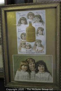 Five Framed Items Included Victorian Trade Cards, Child's Button Collection and Print. 