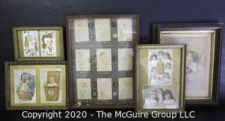 Five Framed Items Included Victorian Trade Cards, Child's Button Collection and Print. 