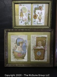 Five Framed Items Included Victorian Trade Cards, Child's Button Collection and Print. 