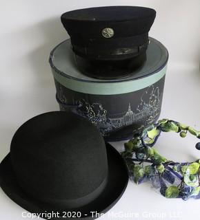 Three Vintage Hats.  Includes Wentworth Forman Wool Volunteer Fireman Uniform Hat. Wool Bowler Hat Made by Christy's of London, and Ladies Silk Floral Hat. Includes Two Hat Boxes.