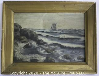 12 x 15" Vintage Gilt Framed Oil on Canvas of Waves on Rocks.  No Visible Signature. 