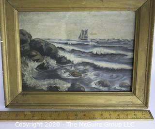 12 x 15" Vintage Gilt Framed Oil on Canvas of Waves on Rocks.  No Visible Signature. 